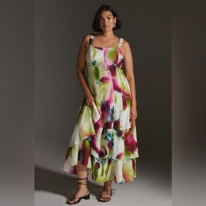 Anthropologie Tiered Maxi Dress Tie-Dye Colorful Cream Pink Green 18W NWT!